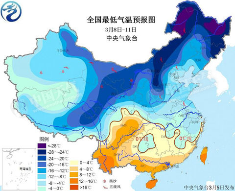 全国最低气温预报图（3月8日至11日）